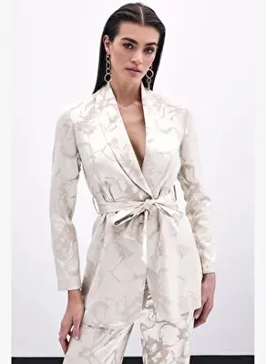 Sateen Desenli Uzun Ceket - Bej