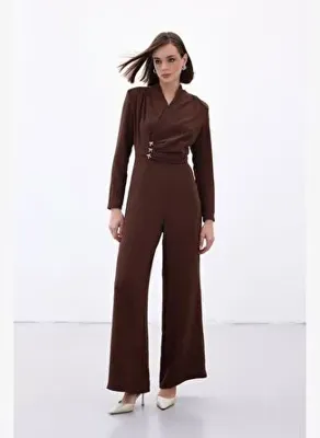 Sateen Fiyonk Aksesuarlı Krep Tulum - Kahve