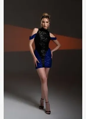 Gira Mavi & Siyah Hologram Payet Parçalı Mini Elbise