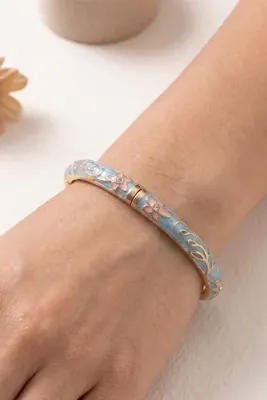 AURRARİ Mavi Renk Pembe Çiçek Desenli Zirkon Taşlı Kelepçe Çelik Bileklik