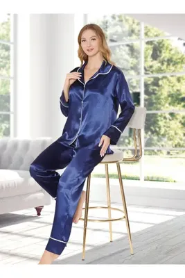 dynamic Saten Önü Düğmeli Biyeli Gecelik Sabahlık Pijama Takım