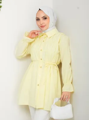 Harmatime butik Kadın Düğmeli Bağcık Detaylı Sarı Gömlek