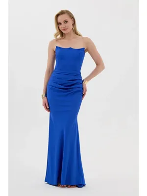 CARMEN Saks Straplez Uzun Saten Abiye Elbise