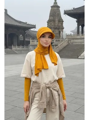 Aisha's Design Çıkarılabilir, Ayarlanabilir Siperlikli Kaymaz Pratik Penye Şal,SPS-1 Hardal