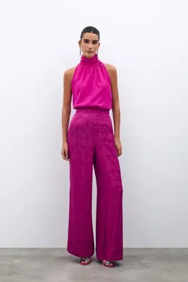 Sateen Jakarlı Salaş Pantolon - Fuşya