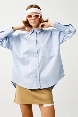 Denim Trip Oversize Fit Klasik Mavi Kadın Gömlek