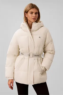 Calvin Klein Belted Midweight Puffer Kadın Mont Beyaz