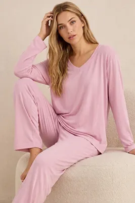 Siyah İnci pembe V Yaka Yumuşak Tuşe Örme Pijama Takım7942