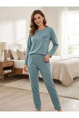 FORMO Kadın Modal Kumaş Puantiyeli Düğmeli Kaliteli Esnek Rahat Pijama Takımı