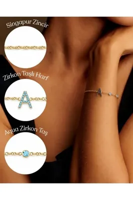 Queen Silver Jewelry Harfli bileklik. zirkon taşlı, singapur zincirli, beyaz taşlı, aqua taşlı, fuşya taşlı, yeşil taşlı, lacivert taşlı