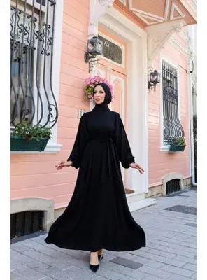 Kadeem Giyim Balon  kol lastikli standart elbise -siyah