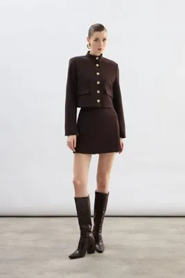 Sateen Kısa Şort Etek - Kahve