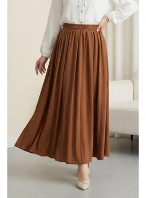 Podyumplus Beli Lastikli Astarlı Uzun Gofre Etek -Taba