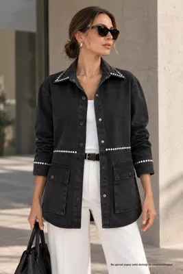 Rhen Store Taş Detaylı Oversize Siyah Denim Gömlek Ceket