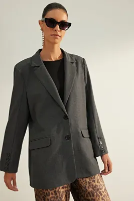 TRENDYOLMİLLA Antrasit Premium Oversize Astarlı Dokuma Blazer Ceket TWOAW24BC00046