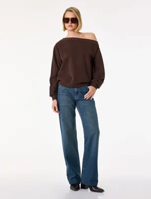 Koton Uzun Kollu Zımba Detaylı Asimetrik Kesim Omzu Açık Sweatshirt