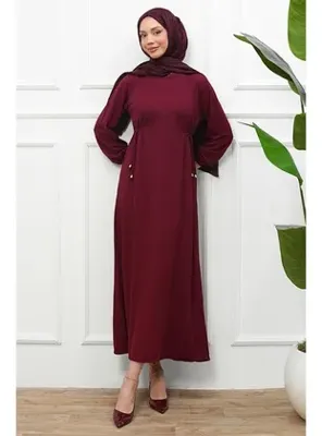 İmaj Butik Koyu Bordo Bisiklet Yaka Bel Ve Kol Lastikli Bürümcük Elbise