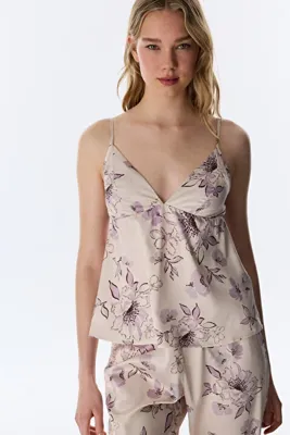 Penti Pastel Bej Petal Saten Çiçekli Atlet Pijama Üstü
