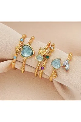 Takıtolia Luna 3 Adet Gold Aytaşı Romantik Zirkon Taşlı Parlayan Ayarlanabilir Tasarım Çoklu Altın Yüzük Seti