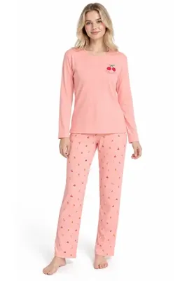 Genel Markalar Kışlık Penye Interlok Şardonlu Örme Kumaş Pijama Takımı Üst Cherry Alt Meyve Desen