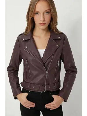ginger love Kemerli Suni Deri Biker Ceket Mürdüm