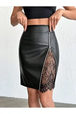 tuzu moda DERİ ETEK DERİ DANTELLİ ETEK MİNİ ETEK FERMUAR DETAYLI ETEK DERİ MİNİ ETEK