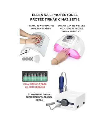 Strong Protez Tırnak Cihaz Seti B135 Freze Cihazı & 3 Motorlu Tırnak Toz Toplama & Sun X26 Max Uv 81 Led