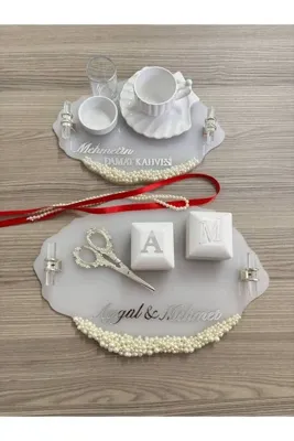 Genel Markalar Afrodit Nişan Lüks İncili Kristal Taşlı Nişan Tepsi Seti - Kişiye Özel Işıklı Yüzük Kutulu Söz Tepsisi ve Damat Kahvesi Sunum Seti