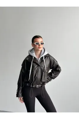 Ekim Store Kahverengi Gri Kapüşonlu Deri Ceket