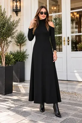 Kokosh moda Zamansız Şıklık –Kadın Omuz Dekolteli Dik Yaka Uzun Kollu Rahat Kesim Krep Elbise