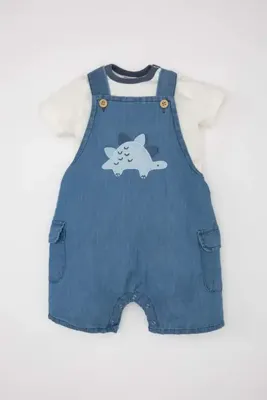 DeFacto Erkek Bebek 2li Takım Dinazor Baskılı Poplin Kısa Kollu Tişört Salopet C2805A524SM