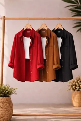 blackbonds 3'lü Kırmızı, Kahverengi ve Siyah Oversize Keten ve %100 Pamuk Tek Cepli Rahat Gömlek