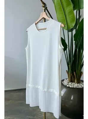 İmajButik Ekru Sıfır Kol Etek Ucu Piliseli Tunik İçlik