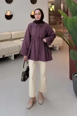 lamelif Bağlama Detaylı Takma Manşet Gömlek Mürdüm