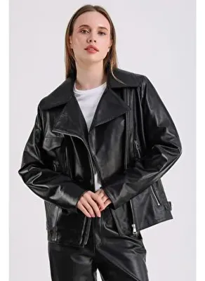 Maroquin Leather Billie Kadın Siyah Deri Biker Ceket