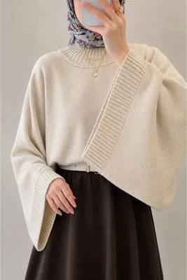 Gülce moda Kadın Yarasa Kol Oversize Triko Kazak Ten