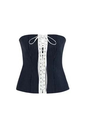 Feel The Lotus Elizabeth Deep Sea Blue White Çizgili Kadın Korse Bluz