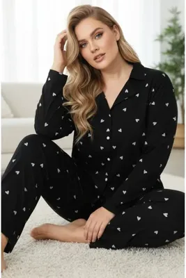 Siyah İnci Siyah Kalp Desenli Curve Büyük Beden Battal Boy Düğmeli Pamuklu Pijama Takımı