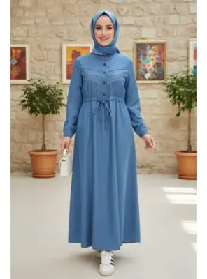 Harmatime butik Kadın Dantel Detaylı Belden Sıkmalı Cepli Açık Kot Mavi Elbise