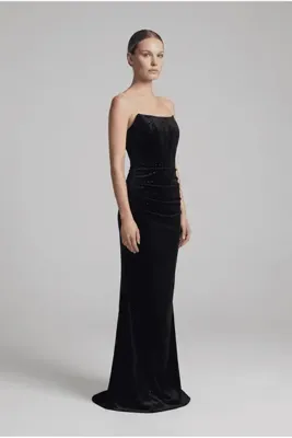 SpringStore Siyah Simli Yakası Balenli Straplez Abiye