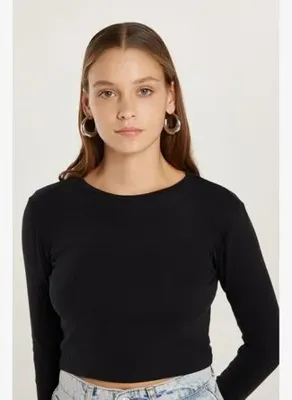 Tudors Kadın Slim Fit Dar Kesim Uzun Kollu Bisiklet Yaka Siyah Bluz