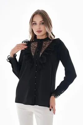 Loom Boutique Kadın Büyük Beden Robası Dantelli Fırfır Detaylı Krep Gömlek G0068