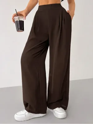 Genius Store Kadın Pantolon Scuba Krep Kumaş Beli Lastikli Cepli Pileli Geniş Paça Palazzo Pantolon SCUBA-CREP