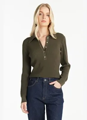 Ted Baker ZEYTİN YEŞİLİ RİBLİ POLO YAKA KAZAK