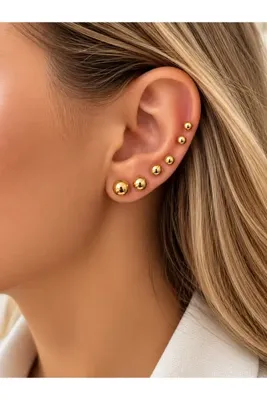 HERCY Çelik Gold Top Küpe Set | Top Top Küpe Set | Paslanmaz Çelik Kararmaz Küpe Seti