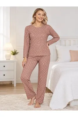 Genel Markalar Kadın Pamuklu Süet Kumaş Gülkurusu Kalp Desenli Bisiklet Yaka Uzun Kollu Pijama Takımı