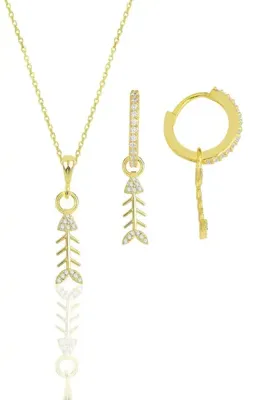 Söğütlü Silver Gümüş Altın Yaldızlı Zirkon Taşlı Balık Kılçığı Modeli Kolye Ve Küpe Ikili Set Sgtl11879gold