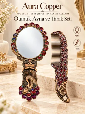 Aura Copper Tavus Kuşu Motifli Mineli El Aynası ve Tarak Seti 2 Parça Ac-At-003-Eskitme
