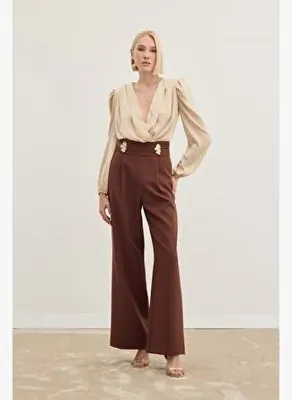 Sateen Bel Aksesuarlı Pantolon - Kahve