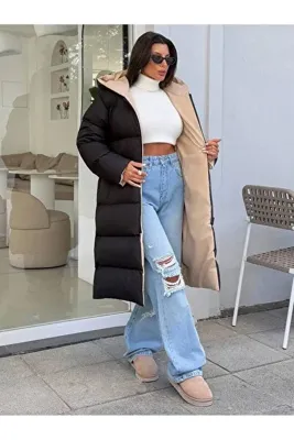 Rowsmen ÇİFT TARAFLI KADIN ŞİŞME UZUN MONT SİYAH BEJ